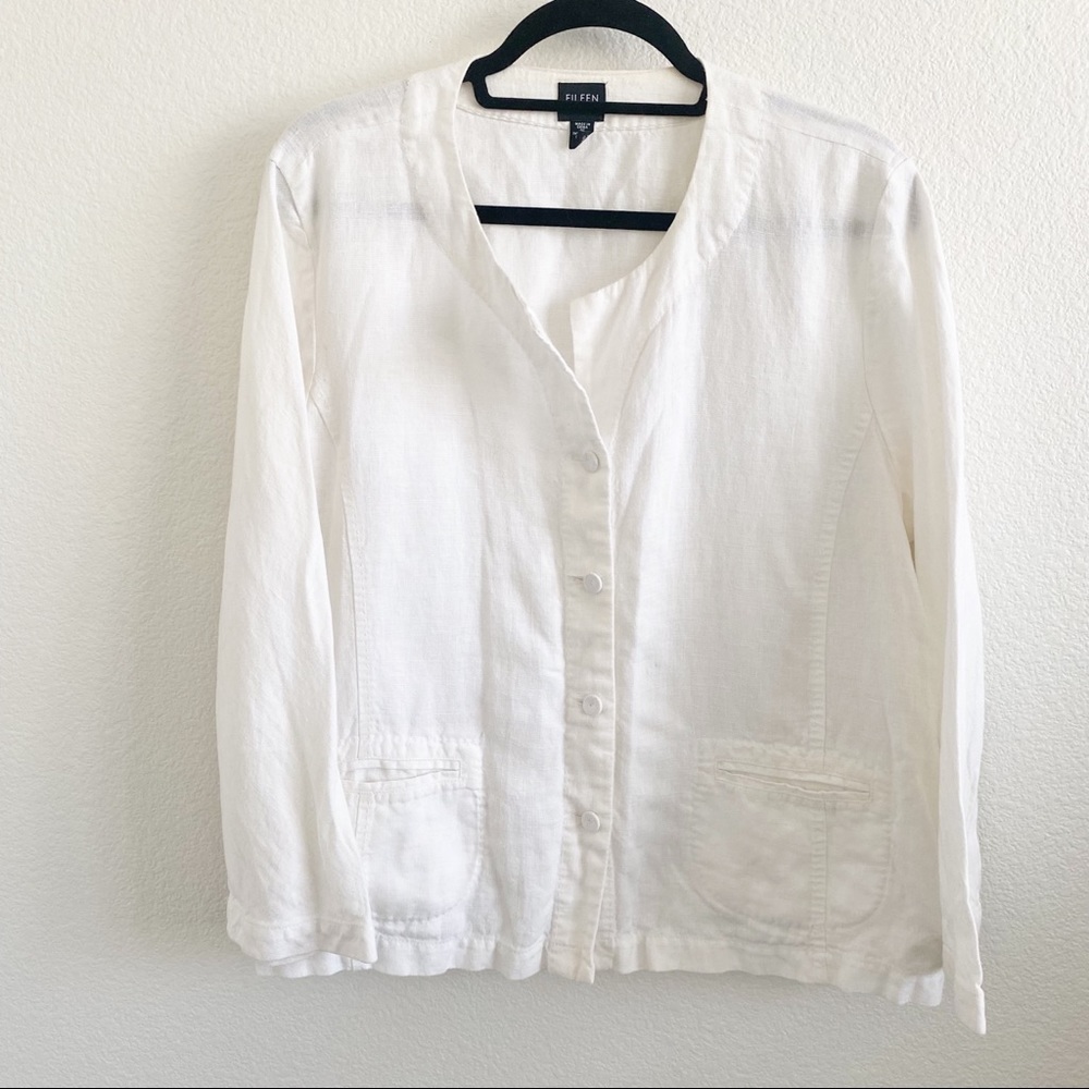 Eileen Fisher 100% Irish Linen Round Neck Button Up Jacket
